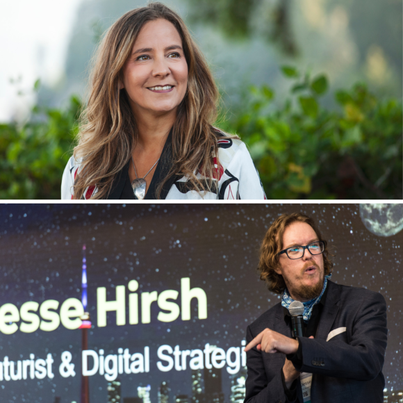 Two panel image. Top image: Teara Fraser stands in front of greenery, looking to the left of the camera. Teara is a Métis woman of Cree ancestry with long wavy brown hair. She is wearing a white, red, and black jacket over a black shirt and silver necklace with a silver pendant. Bottom image: Jesse Hirsch speaks in front a screen bearing his name and the title "Futurist & Digital Strategist." Jesse is a white man with curly dark blonde hair and a beard and mustache. He is wearing glasses with thick black frames, a navy suit jacket over a black shirt and blue patterned scarf. He holds a microphone in his right hand and is gesturing with his left.